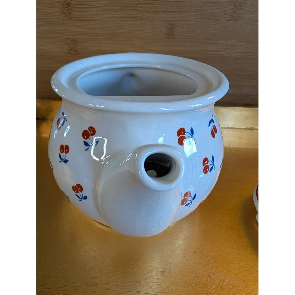 Sadler England Teapot Cherries Pattern Vintage White Ceramic Tea Pot Made in UK